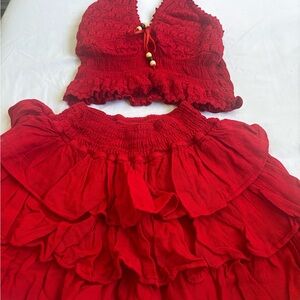 Red Cropped Top and Skirt Set